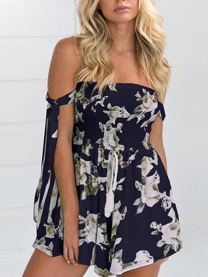 Choies Navy Stretch Off Shoulder Floral Tie Sleeve Romper Playsuit