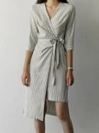 Choies Beige Stripe Wrap Tie Waist Asymmetric Hem Midi Dress