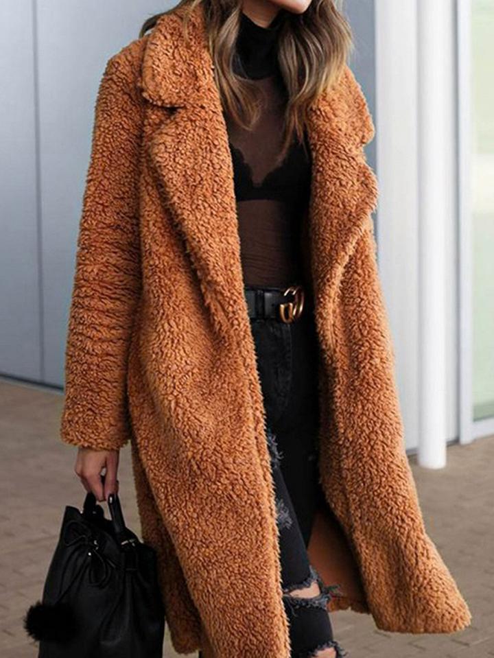 Choies Dark Camel Brown Lapel Long Sleeve Chic Women Faux Fur Coat