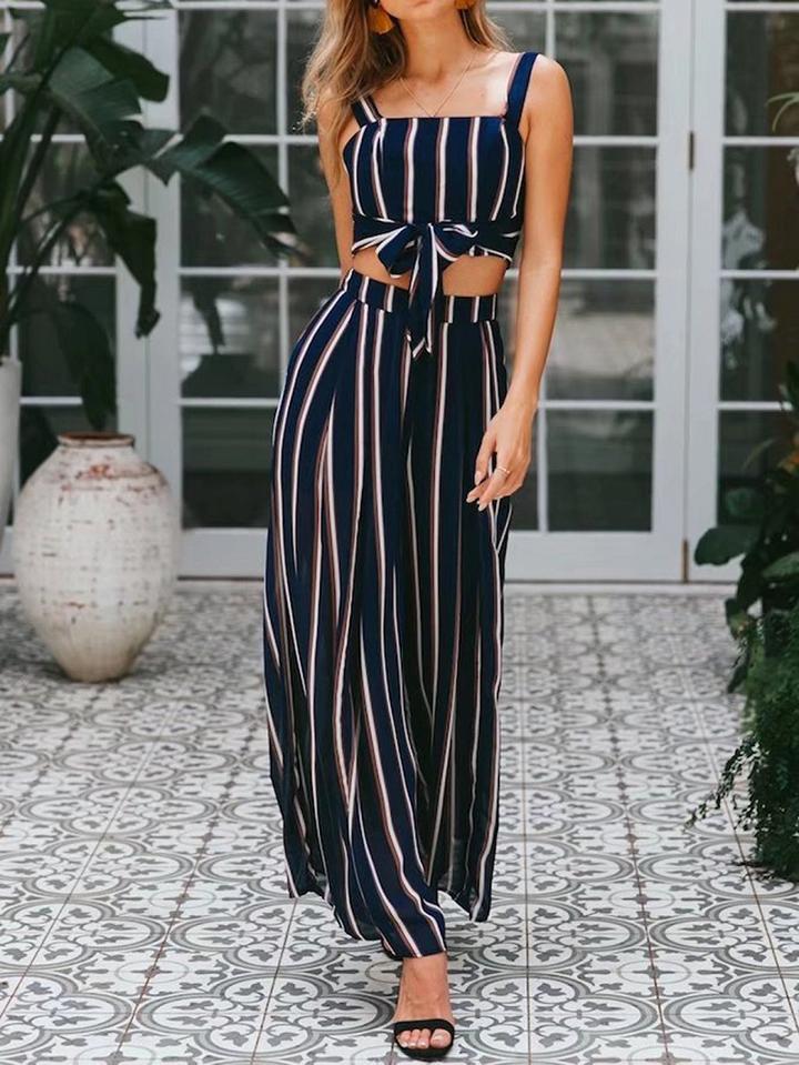 Choies Dark Blue Stripe Tie Front Crop Cami Top And High Waist Pants