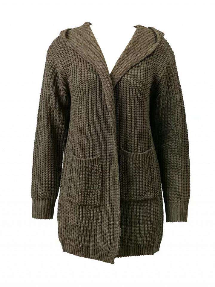 Choies Army Green Pocket Lace Up Back Long Sleeve Hooded Knit Cardigan