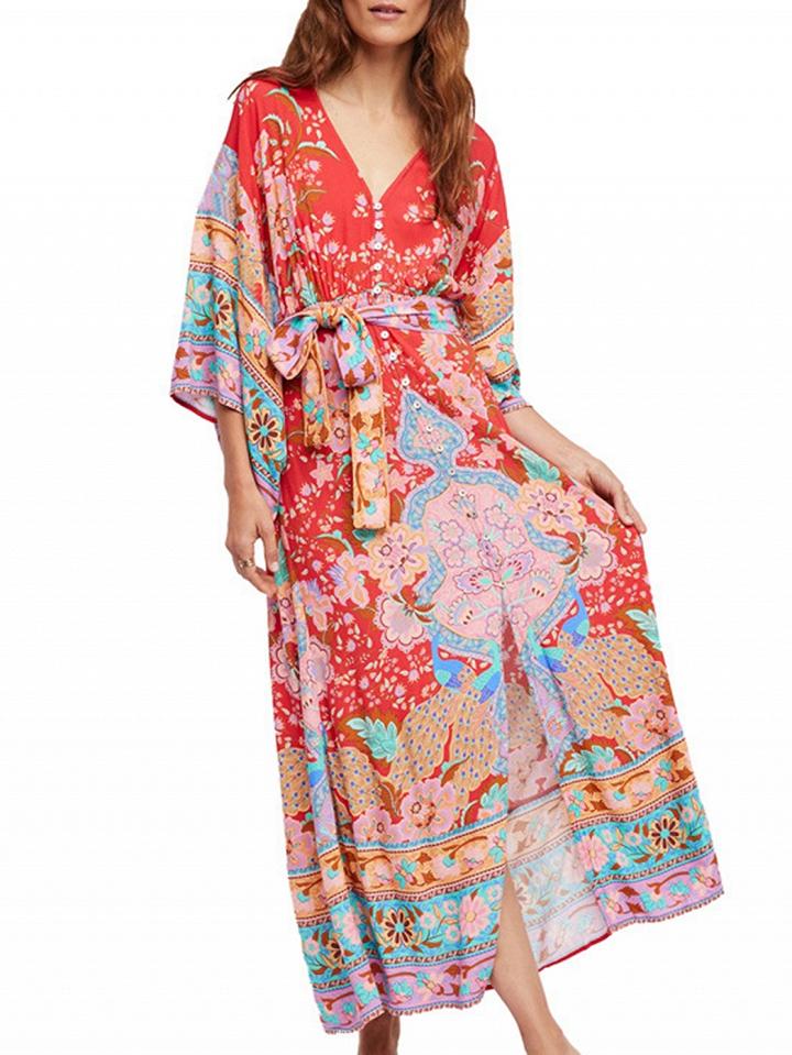 Choies Red V-neck Tie Waist Print Detail Maxi Dress
