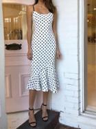 Choies White Polka Dot Print Fishtail Hem Chic Women Cami Midi Dress