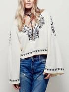 Choies White V Neck Embroidery Bell Sleeve Top