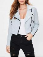 Choies Blue Lapel Zipper Detail Leather Look Biker Jacket