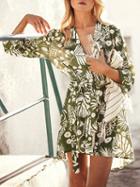 Choies Green Floral Print Open Front Tie Waist Long Sleeve Cardigan