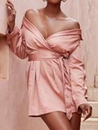 Choies Pink Satin Look Off Shoulder V-neck Long Sleeve Chic Women Mini Dress