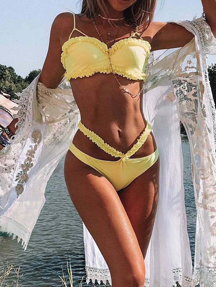 Choies Yellow Frill Trim Women Bikini Top And High Waist Bottom