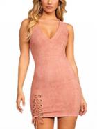 Choies Pink Faux Suede V-neck Lace Up Front Bodycon Mini Dress