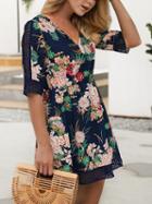 Choies Blue V-neck Floral Print Cut Out Detail Mini Dress