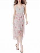 Choies Pink Floral Print Wrap Lace Top 2 In 1 Midi Dress