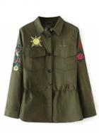 Choies Army Green Embroidery Detail Pocket Long Sleeve Coat