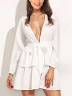 Choies White Plunge Tie Waist Long Sleeve Mini Dress