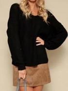 Choies Black V-neck Knot Front Long Sleeve Chic Women Knit Sweater