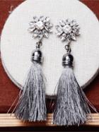 Choies Gray Rhinestone Embellished Sunflower Tassel Earrings