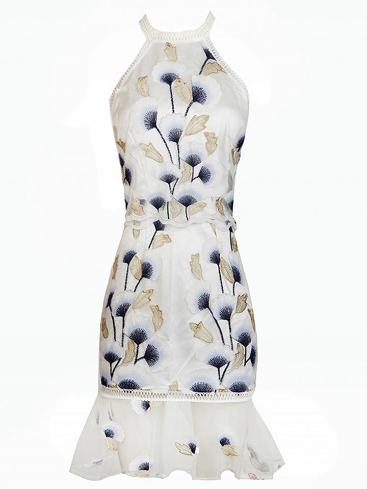 Choies White Halter Ladder Floral Embroidery Mesh Ruffle Hem Dress