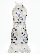 Choies White Halter Ladder Floral Embroidery Mesh Ruffle Hem Dress