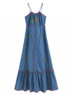 Choies Blue Spaghetti Strap Floral Embroidery Denim Maxi Dress