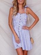 Choies Blue Stripe Spaghetti Strap Button Placket Front Mini Dress