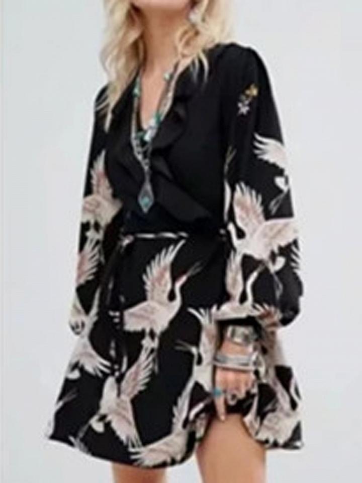 Choies Black V-neck Tie Waist Print Detail Long Sleeve Mini Dress