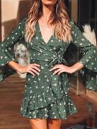 Choies Green Chiffon V-neck Floral Print Flare Sleeve Chic Women Mini Dress