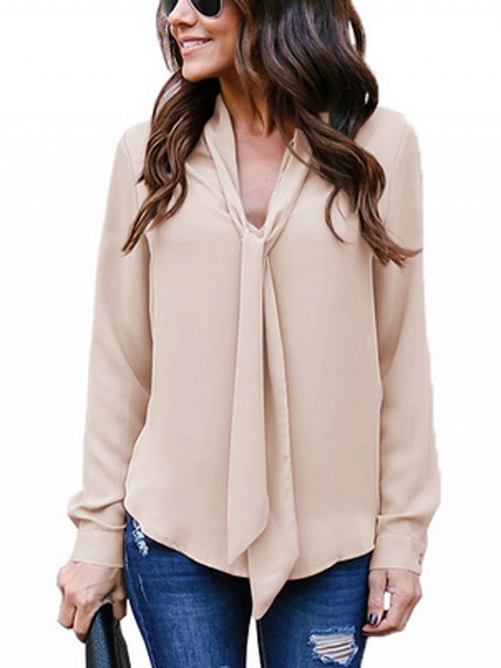 Choies Khaki V-neck Tie Front Long Sleeve Blouse