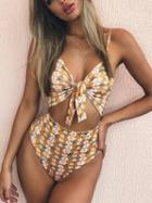 Choies Yellow V-neck Spaghetti Strap Floral Print Cut Out Chic Women Swimwear