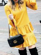 Choies Yellow Cotton Layered Ruffle Trim Flare Sleeve Chic Women Mini Dress