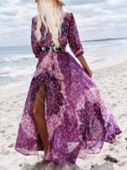 Choies Purple V-neck Floral Print Tie Waist Maxi Dress