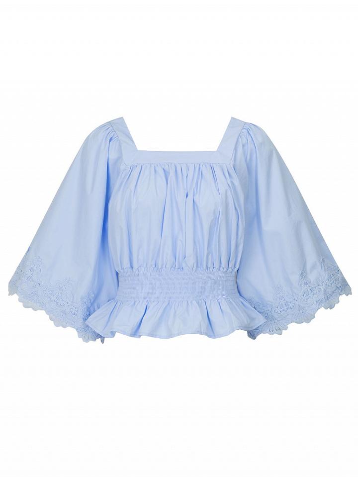 Choies Blue Square Neck Lace Detail Stretch Shirred Waist Blouse