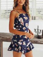 Choies Blue Cotton Blend Floral Print Tie Back Chic Women Cami Mini Dress