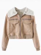 Choies Brown Faux Shearling Pocket Cropped Jacket