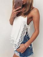 Choies White Satin Look V-neck Lace Trim Side Split Cami Top