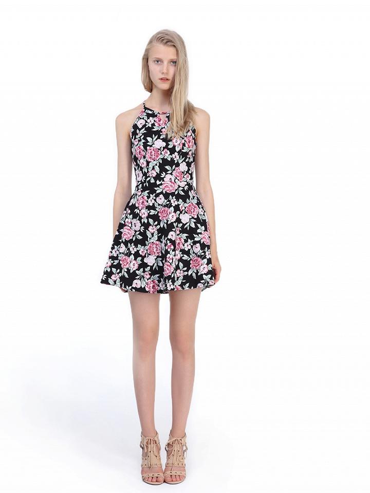 Choies Black Halter Floral Print Cut Out Strap Detail Dress