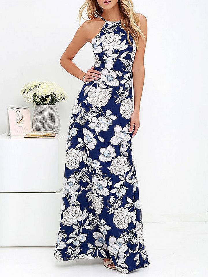 Choies Blue Floral Print Open Back Maxi Dress