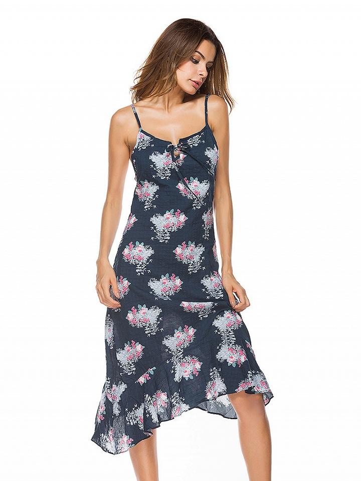 Choies Navy Floral Lace Up Front Spaghetti Strap Ruffle Hem Midi Dress