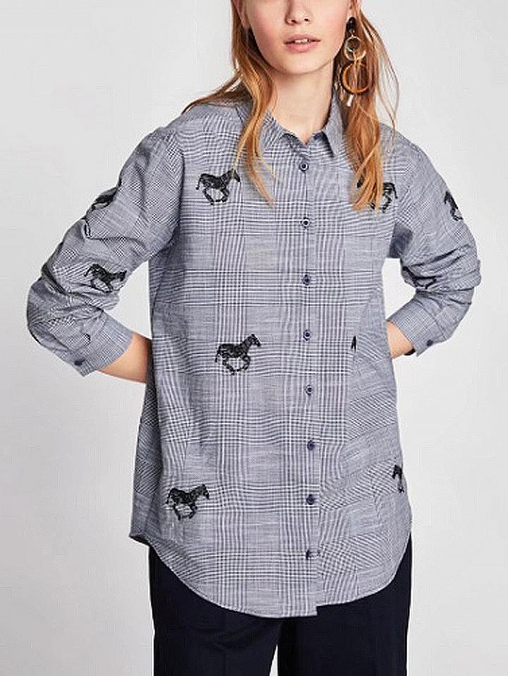 Choies Gray Plaid Horse Embroidery Long Sleeve Shirt