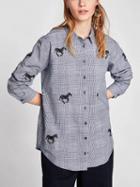 Choies Gray Plaid Horse Embroidery Long Sleeve Shirt