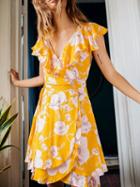 Choies Yellow V-neck Floral Print Ruffle Trim Tie Waist Mini Dress