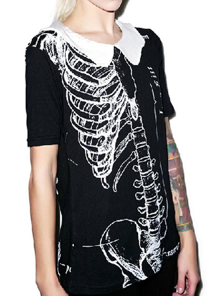 Choies Black Contrast Collar Letter Skeleton Print T-shirt