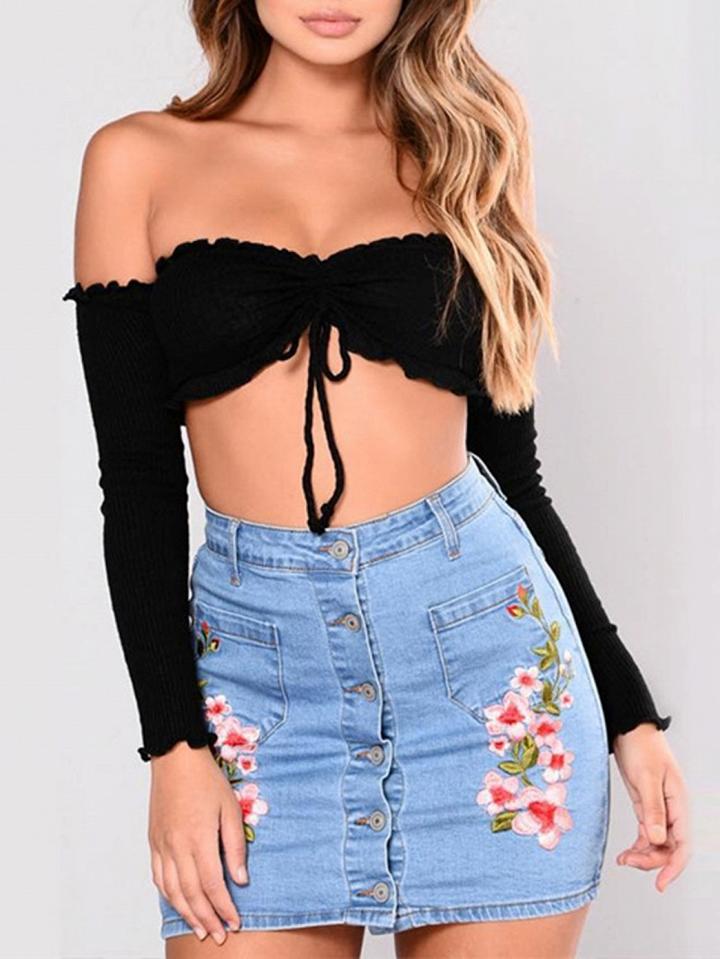 Choies Black Off Shoulder Ruffle Trim Long Sleeve Ribbed Crop Top