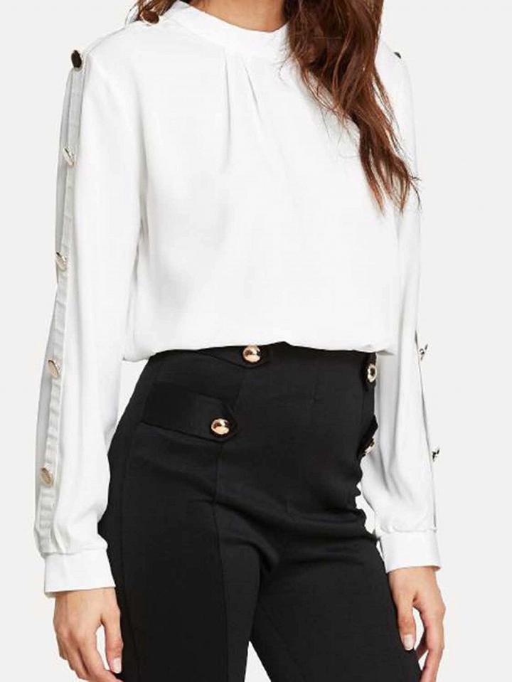 Choies White Cotton Button Placket Side Long Sleeve Chic Women Blouse