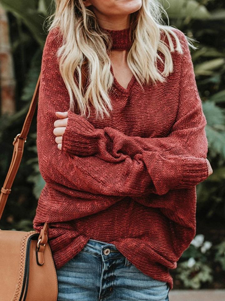 Choies Red V-neck Long Sleeve Knit Sweater