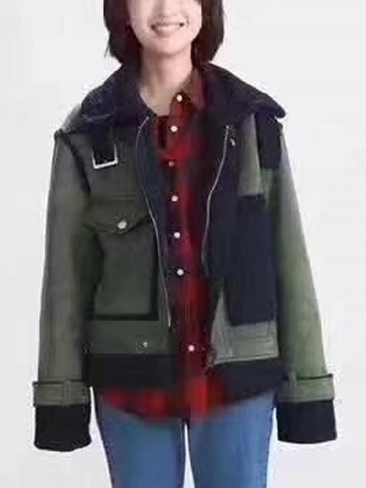 Choies Green Lapel Faux Shearling Lining Pocket Biker Jacket