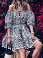 Choies Black Plaid Cotton Off Shoulder Puff Sleeve Women Mini Dress