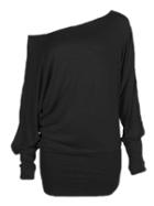 Choies Black Off Shoulder Ruched Long Sleeve Longline T-shirt