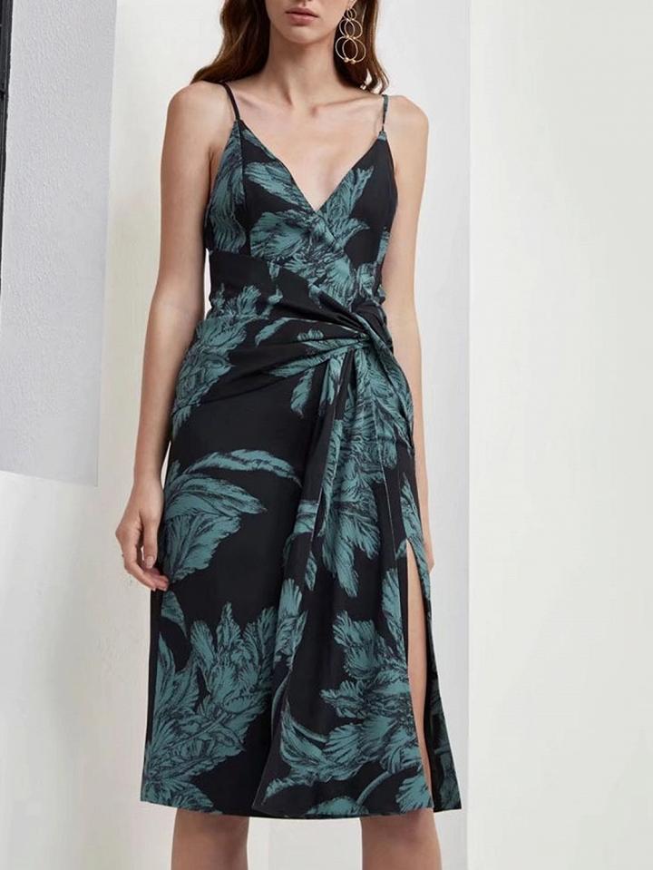 Choies Black Spaghetti Strap Plunge Leaf Print Knot Front Dress