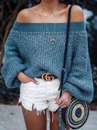 Choies Blue Off Shoulder Puff Sleeve Chic Women Knit Sweater