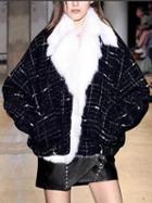 Choies Black Plaid Lapel Faux Fur Trim Padded Jacket