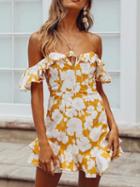 Choies Yellow Off Shoulder Floral Print Ruffle Trim Chic Women Mini Dress